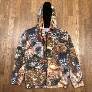 Vintage 90s Black Mountain Cats All Over Print Fleece Full Zip Hoodie Womens M